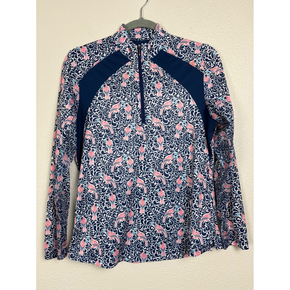 Bermuda Sands Performance Top Women's Small Toucan Print Quarter Zip  Navy Pink